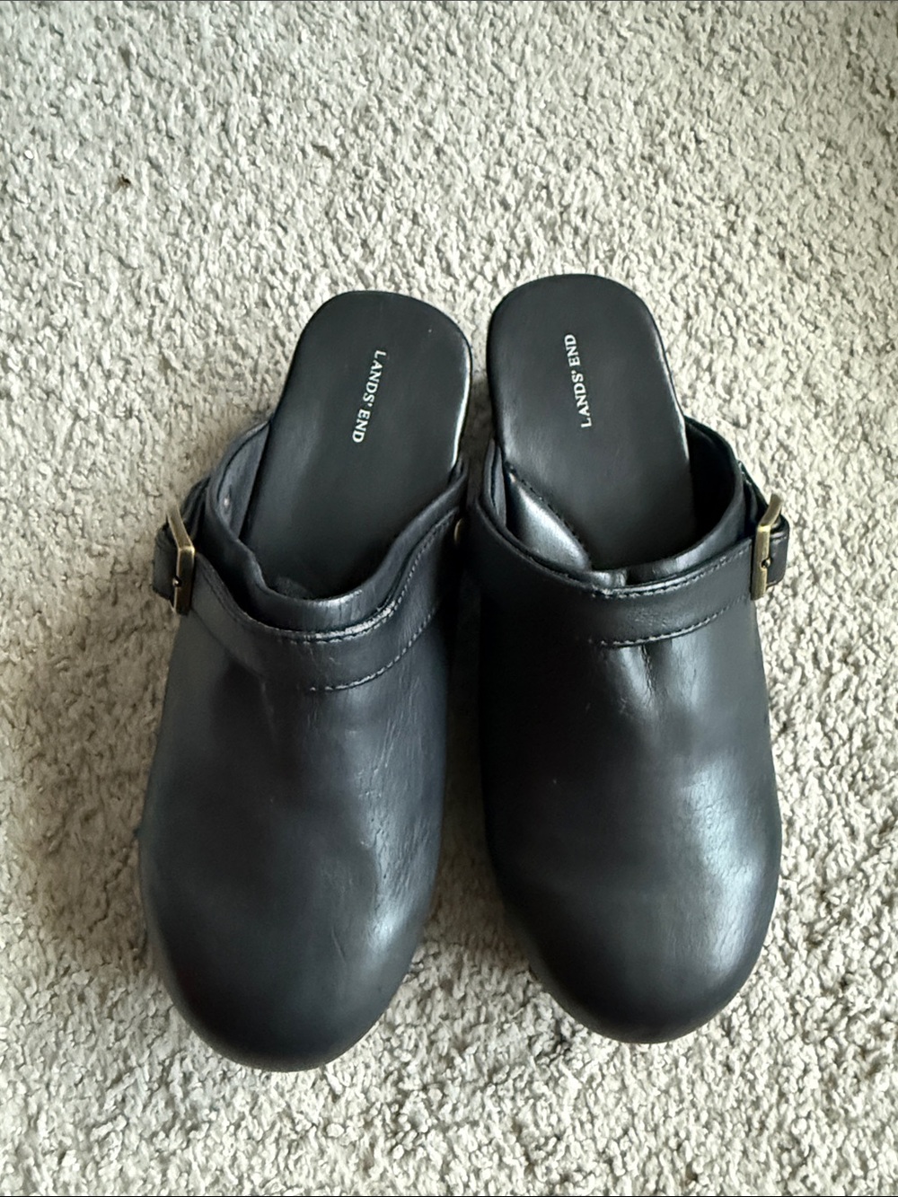 Gently worn Girls Lands' End Black Leather Slip-On Mule Clogs with Buckle